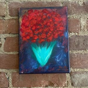 Original Acrylic Floral Painting on Canvas - Red & Teal Abstract